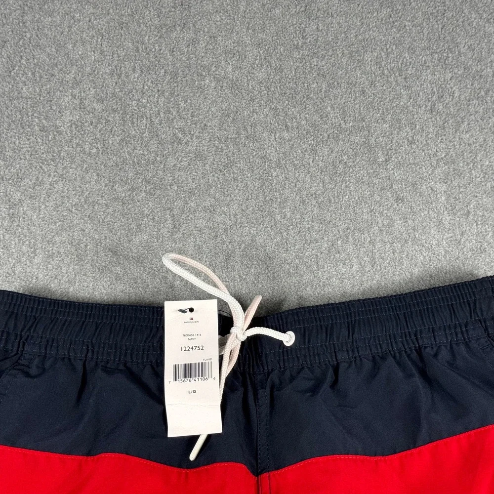 Tommy Hilfiger Men's Swim Trunks L Navy Red Color Block Drawstring NWT